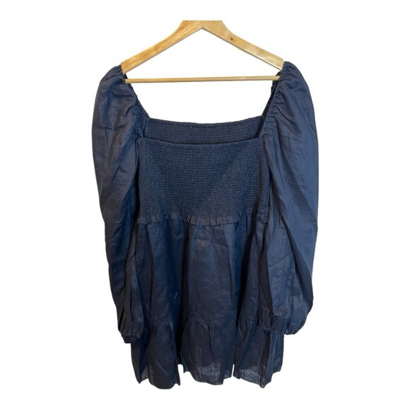 Quince 100% European Linen Smocked Mini Dress Large Navy Blue Puff Sleeves - Picture 5 of 10